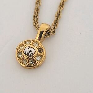 Vintage Nina‎ Ricci NR Round Pendant Necklace Reighstones 14” Gold Chocker Small